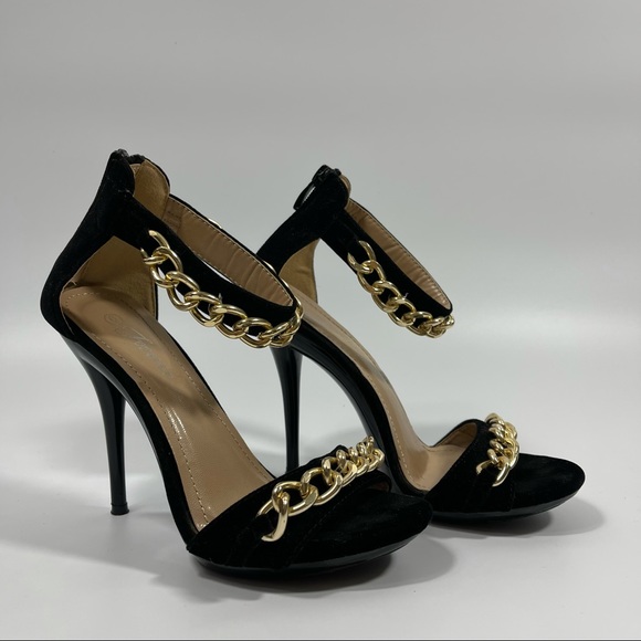 Shoes - ❌SOLD❌ Black suede open toe chain strap heels size 6